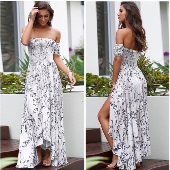 Dresses & Skirts - Smocked Off Shoulder Boho Print Maxi Dress